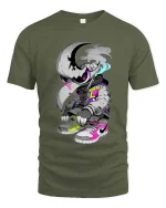 Moon Raven Streetwear Sneaker Art Urban Graphic tshirt - military green t-shirt on white background