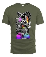 Street Punk Shark Fire Skull Urban Graphic tshirt Style - military green t-shirt on white background