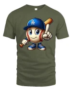Cute Baseball Cartoon Player LA Style Graphic tshirt - military green t-shirt on white background