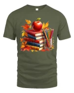 Autumn Books Apple Teacher Classroom Art Style tshirt - military green t-shirt on white background
