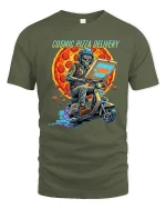 Cosmic Pizza Delivery Alien Scooter Space tshirt Style - military green t-shirt on white background