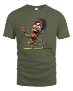 Crazy Cartoon Runner Funny Expression Street Style tshirt - military green t-shirt on white background