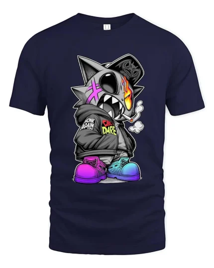 Street Punk Shark Fire Skull Urban Graphic tshirt Style - navy t-shirt on white background