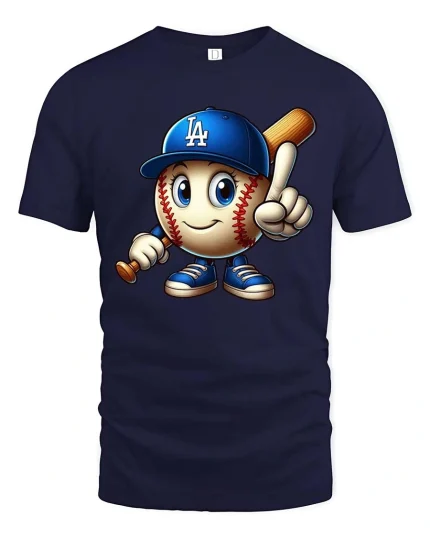 Cute Baseball Cartoon Player LA Style Graphic tshirt - navy t-shirt on white background