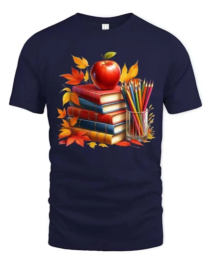 Autumn Books Apple Teacher Classroom Art Style tshirt - navy t-shirt on white background