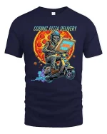 Cosmic Pizza Delivery Alien Scooter Space tshirt Style - navy t-shirt on white background