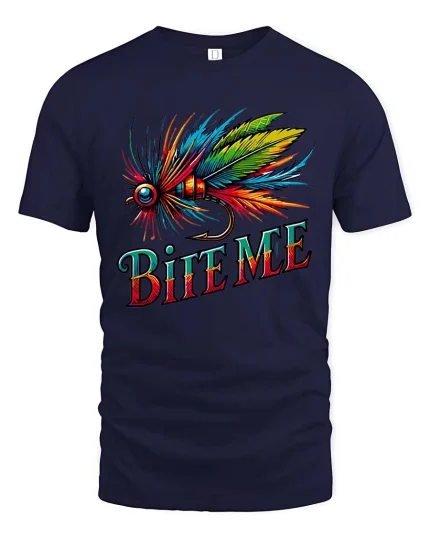 Bite Me Fishing Fly Colorful Angler Graphic tshirt Fun - navy t-shirt on white background
