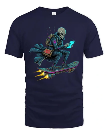 Cyber Alien Hoverboard Tech Streetwear Graphic tshirt - navy t-shirt on white background
