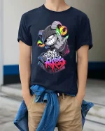 Neon Rebel Ram Street Art Graffiti Attitude tshirt Style Pro - model wearing navy tee with hands in pockets