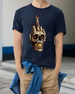Dark Skull Hand Gesture Rebel Graphic Street tshirt Edge - model wearing navy tee with hands in pockets