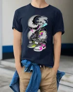 Moon Raven Streetwear Sneaker Art Urban Graphic tshirt - model wearing navy tee with hands in pockets