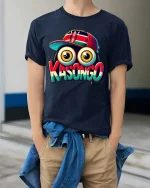 Kasongo Big Eyes Cartoon Urban Style Graphic tshirt - model wearing navy tee with hands in pockets