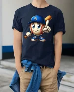Cute Baseball Cartoon Player LA Style Graphic tshirt - model wearing navy tee with hands in pockets