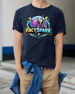 FactSpark Brain Quiz Science Knowledge Graphic tshirt - model wearing navy tee with hands in pockets