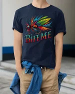 Bite Me Fishing Fly Colorful Angler Graphic tshirt Fun - model wearing navy tee with hands in pockets