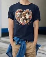 Cute Kitten Flower Heart Aesthetic Cat Lover tshirt Style - model wearing navy tee with hands in pockets