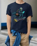 Cyber Alien Hoverboard Tech Streetwear Graphic tshirt - model wearing navy tee with hands in pockets