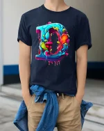 Color Splash Letter D Graffiti Art Style tshirt Vivid Ink - model wearing navy tee with hands in pockets