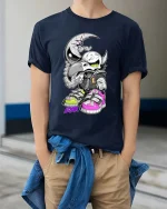 Moon Raven Skull Street Art Graffiti Style tshirt Edge - model wearing navy tee with hands in pockets