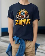 Zumia Mystic Eye Hand Graphic Street Art tshirt Vibes - model wearing navy tee with hands in pockets