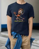 Crazy Cartoon Runner Funny Expression Street Style tshirt - model wearing navy tee with hands in pockets