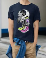 Street Raven Skull Sneaker Style Urban Graphic tshirt - model wearing navy tee with hands in pockets