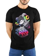 Neon Rebel Ram Street Art Graffiti Attitude tshirt Style Pro - model wearing black tee with hands behind back
