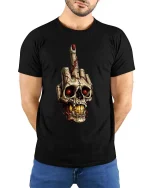 Dark Skull Hand Gesture Rebel Graphic Street tshirt Edge - model wearing black tee with hands behind back
