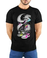 Moon Raven Streetwear Sneaker Art Urban Graphic tshirt - model wearing black tee with hands behind back