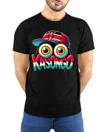 Kasongo Big Eyes Cartoon Urban Style Graphic tshirt - model wearing black tee with hands behind back
