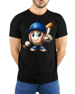 Cute Baseball Cartoon Player LA Style Graphic tshirt - model wearing black tee with hands behind back