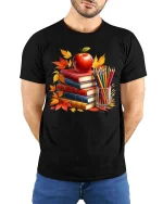 Autumn Books Apple Teacher Classroom Art Style tshirt - model wearing black tee with hands behind back