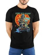 Cosmic Pizza Delivery Alien Scooter Space tshirt Style - model wearing black tee with hands behind back
