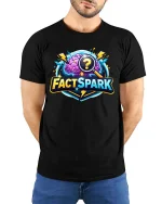 FactSpark Brain Quiz Science Knowledge Graphic tshirt - model wearing black tee with hands behind back