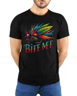Bite Me Fishing Fly Colorful Angler Graphic tshirt Fun - model wearing black tee with hands behind back