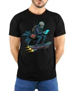 Cyber Alien Hoverboard Tech Streetwear Graphic tshirt - model wearing black tee with hands behind back