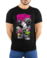 First Line Brave Neon Street Art Rebel Ram tshirt Vibes - model wearing black tee with hands behind back