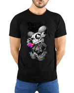 First In Line Dread Skull Ram Street Style tshirt Edge - model wearing black tee with hands behind back