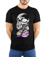 Moon Raven Skull Street Art Graffiti Style tshirt Edge - model wearing black tee with hands behind back