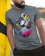 Neon Rebel Ram Street Art Graffiti Attitude tshirt Style Pro - model wearing grey tee, leaning on column