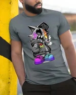 Street Punk Shark Fire Skull Urban Graphic tshirt Style - model wearing grey tee, leaning on column