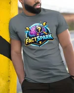 FactSpark Brain Quiz Science Knowledge Graphic tshirt - model wearing grey tee, leaning on column
