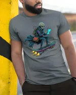 Cyber Alien Hoverboard Tech Streetwear Graphic tshirt - model wearing grey tee, leaning on column