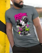 First Line Brave Neon Street Art Rebel Ram tshirt Vibes - model wearing grey tee, leaning on column