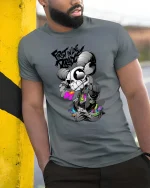 First In Line Dread Skull Ram Street Style tshirt Edge - model wearing grey tee, leaning on column