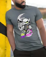 Moon Raven Skull Street Art Graffiti Style tshirt Edge - model wearing grey tee, leaning on column