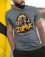 Zumia Mystic Eye Hand Graphic Street Art tshirt Vibes - model wearing grey tee, leaning on column
