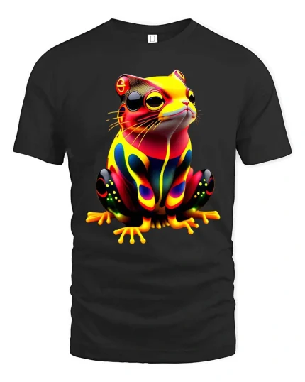 Neon Frog Art T Shirt Colorful Cute Psychedelic Animal Style - black t-shirt on white background