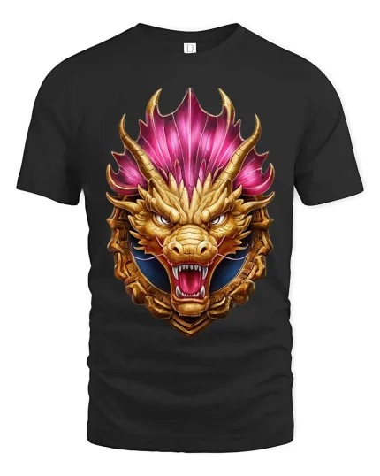 Golden Dragon Crest T Shirt Fierce Mythical Power Emblem Style - black t-shirt on white background