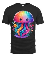 Cute Rainbow Jellyfish T Shirt Kawaii Ocean Fantasy Style Art - black t-shirt on white background